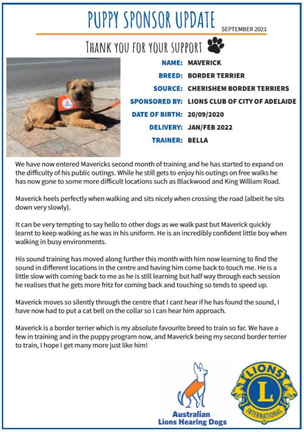 Puppy sponsor update September 2021