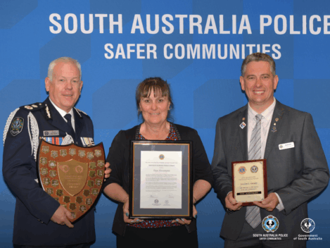 Lions and SAPOL Citizen of the Year Fay Horstmann with Police Commissioner and President of the Lions Club of the City of Adelaide